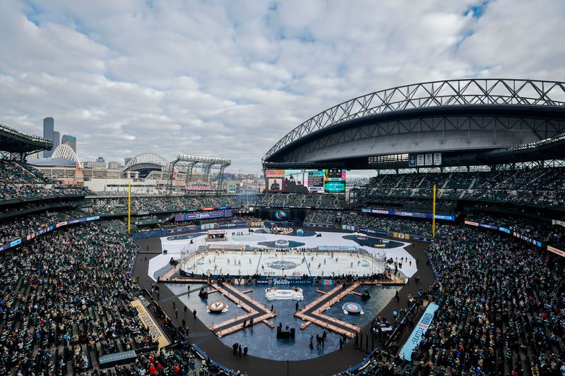 Jan 1, 2024; Seattle, Washington, USA; General view of T-Mobile Park during pregame warmups between the Vegas Golden Knights and Seattle Kraken in the 2024 Winter Classic ice hockey game. Mandatory Credit: Joe Nicholson-USA TODAY Sports