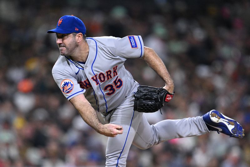 Jul 7, 2023; San Diego, California, USA; New York Mets starting pitcher Justin Verlander (35) throws a pitch against the San Diego Padres during the fifth inning at Petco Park. Mandatory Credit: Orlando Ramirez-USA TODAY Sports