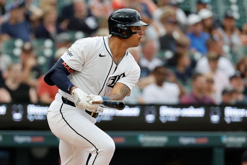 Jul 30, 2024; Detroit, Michigan, USA;  Detroit Tigers first baseman Bligh Madrid (40) hits a single against the Cleveland Guardians in the second inning at Comerica Park. Mandatory Credit: Rick Osentoski-USA TODAY Sports