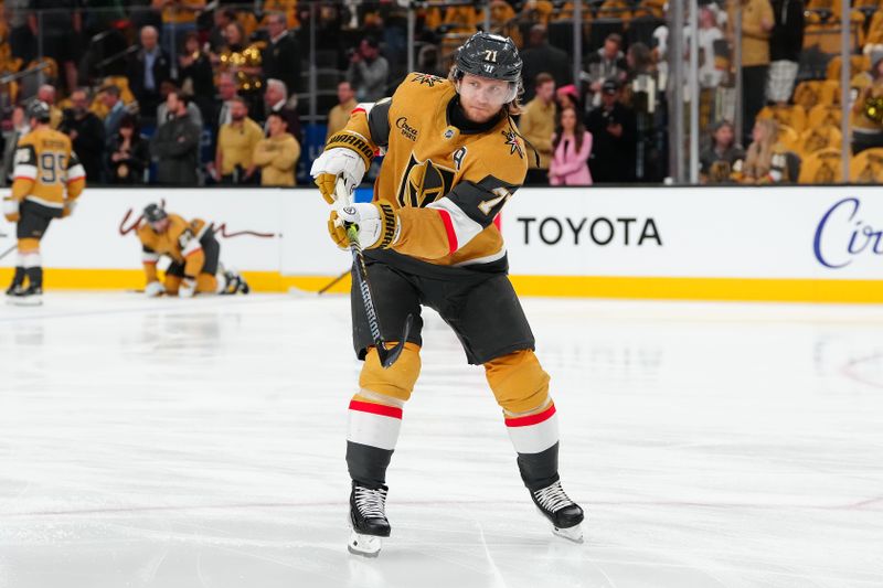 Apr 1, 2025; Las Vegas, Nevada, USA; Vegas Golden Knights center William Karlsson (71) warms up before a game against the Edmonton Oilers at T-Mobile Arena. Mandatory Credit: Stephen R. Sylvanie-Imagn Images