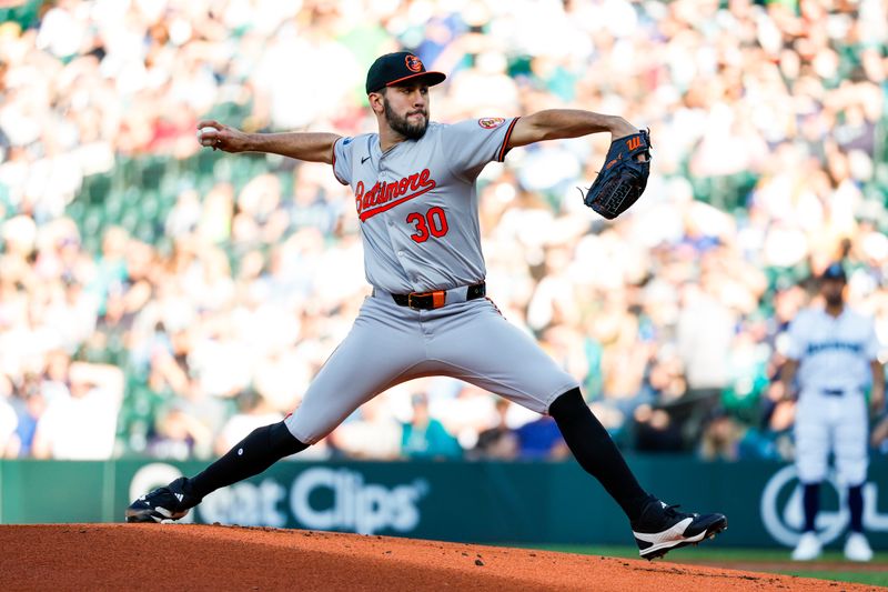 Jul 2, 2024; Seattle, Washington, USA; Baltimore Orioles starting pitcher Grayson Rodriguez (30) throws against the Seattle Mariners during the first inning at T-Mobile Park. Mandatory Credit: Joe Nicholson-USA TODAY Sports