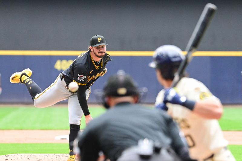 Jun 25, 2025; Milwaukee, Wisconsin, USA;  Pittsburgh Pirates starting pitcher Paul Skenes throws a pitch to Milwaukee Brewers right fielder Sal Frelick (10) in the fifth inning at American Family Field. Mandatory Credit: Benny Sieu-Imagn Images