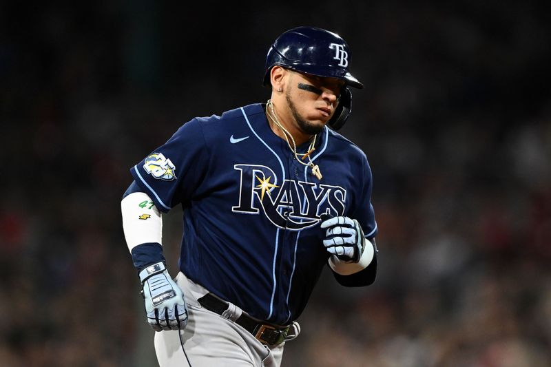 Sep 27, 2023; Boston, Massachusetts, USA; Tampa Bay Rays third baseman Isaac Paredes (17) runs the bases after hitting a two-run home run against the Boston Red Sox during the sixth inning at Fenway Park. Mandatory Credit: Brian Fluharty-USA TODAY Sports