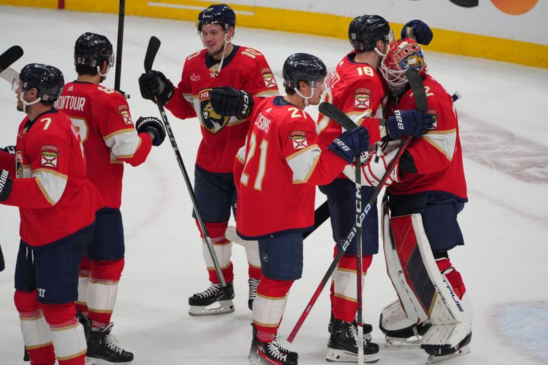 Apr 29, 2024; Sunrise, Florida, USA; Florida Panthers goaltender Sergei Bobrovsky (72) celebrates a victory against the Tampa Bay Lightning with teammates following game five of the first round of the 2024 Stanley Cup Playoffs at Amerant Bank Arena. Mandatory Credit: Jim Rassol-USA TODAY Sports