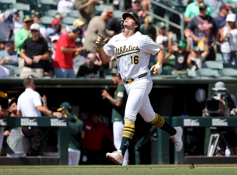 Sep 10, 2025; West Sacramento, California, USA; Athletics first baseman Nick Kurtz (16) reacts after hitting a solo home run against the Boston Red Sox during the second inning at Sutter Health Park. Mandatory Credit: Dennis Lee-Imagn Images