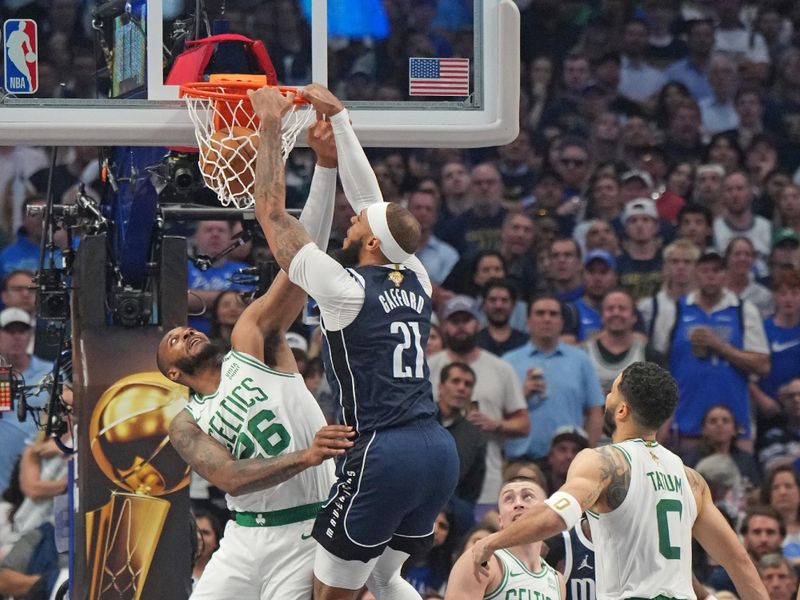 DALLAS, TX - JUNE 12: Daniel Gafford #21 of the Dallas Mavericks dunks the ball during the game against the Boston Celtics during Game 3 of the 2024 NBA Finals on June 12, 2024 at the American Airlines Center in Dallas, Texas. NOTE TO USER: User expressly acknowledges and agrees that, by downloading and or using this photograph, User is consenting to the terms and conditions of the Getty Images License Agreement. Mandatory Copyright Notice: Copyright 2024 NBAE (Photo by Jesse D. Garrabrant/NBAE via Getty Images)