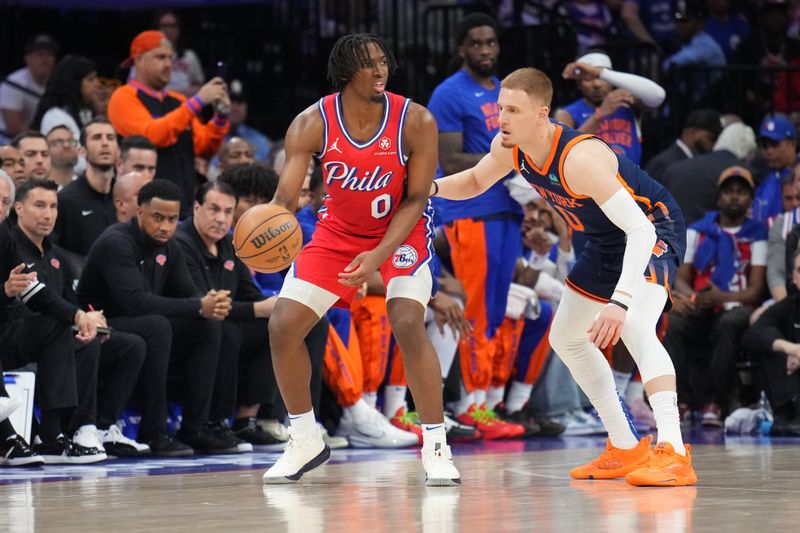 PHILADELPHIA, PA - APRIL 28: Tyrese Maxey #0 of the Philadelphia 76ers dribbles the ball during the game against the New York Knicks during Round 1 Game 4 of the 2024 NBA Playoffs on April 28, 2024 at the Wells Fargo Center in Philadelphia, Pennsylvania NOTE TO USER: User expressly acknowledges and agrees that, by downloading and/or using this Photograph, user is consenting to the terms and conditions of the Getty Images License Agreement. Mandatory Copyright Notice: Copyright 2024 NBAE (Photo by Jesse D. Garrabrant/NBAE via Getty Images)