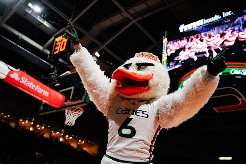 Feb 11, 2023; Coral Gables, Florida, USA; Miami (Fl) Hurricanes mascot interacts with fans during a game against the Louisville Cardinals at Watsco Center. Mandatory Credit: Rich Storry-USA TODAY Sports