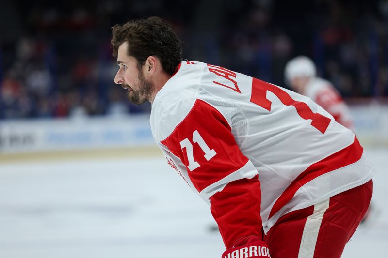 Jan 18, 2025; Tampa, Florida, USA; Detroit Red Wings center Dylan Larkin (71) warms up before a game against the Tampa Bay Lightning at Amalie Arena. Mandatory Credit: Nathan Ray Seebeck-Imagn Images