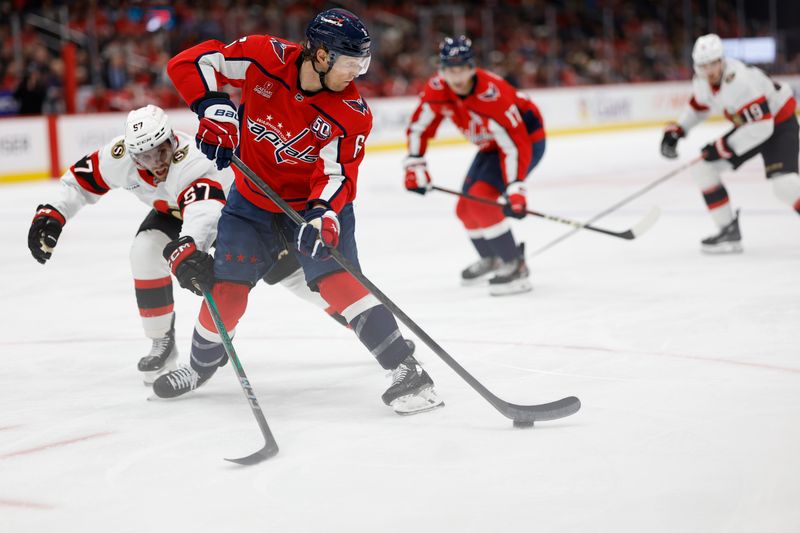 Mar 3, 2025; Washington, District of Columbia, USA; Washington Capitals defenseman Jakob Chychrun (6) passes the puck to Capitals center Dylan Strome (17) as Ottawa Senators left wing David Perron (57) defends in the third period at Capital One Arena. Mandatory Credit: Geoff Burke-Imagn Images