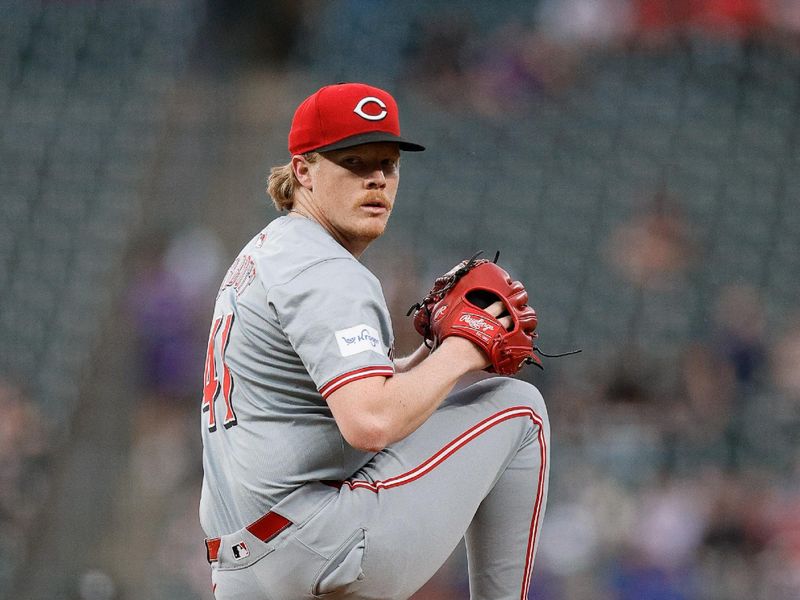 Jun 3, 2024; Denver, Colorado, USA; Cincinnati Reds starting pitcher Andrew Abbott (41) pitches in the first inning against the Colorado Rockies at Coors Field. Mandatory Credit: Isaiah J. Downing-USA TODAY Sports