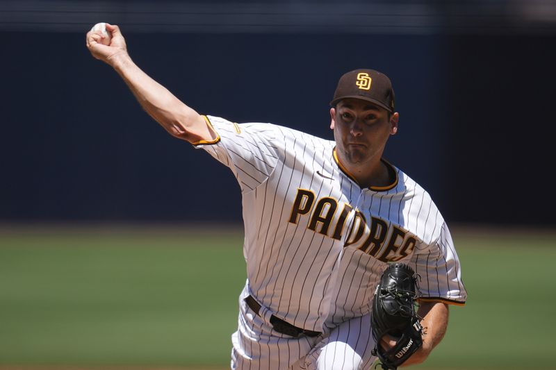 Aug 23, 2023; San Diego, California, USA;  San Diego Padres starting pitcher Seth Lugo (67) throws a pitch against to the Miami Marlins during the first inning at Petco Park. Mandatory Credit: Ray Acevedo-USA TODAY Sports