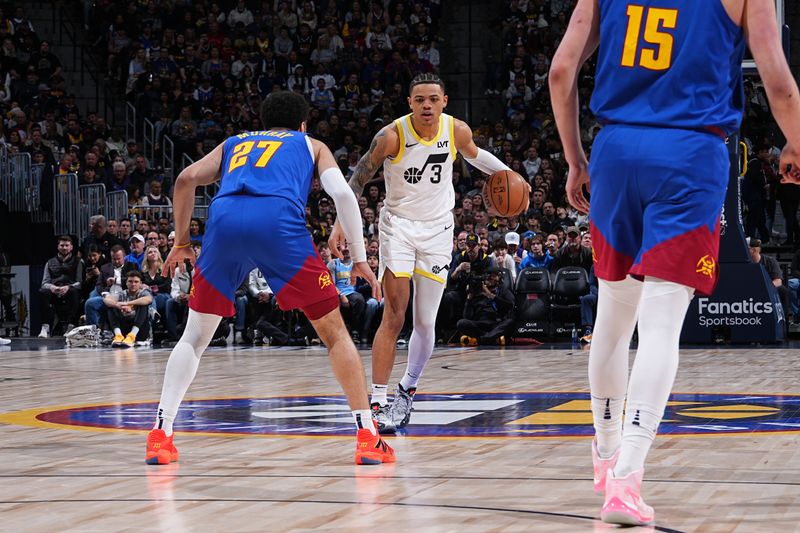 DENVER, CO - MARCH 9: Keyonte George #3 of the Utah Jazz dribbles the ball during the game against the Denver Nuggets on March 9, 2024 at the Ball Arena in Denver, Colorado. NOTE TO USER: User expressly acknowledges and agrees that, by downloading and/or using this Photograph, user is consenting to the terms and conditions of the Getty Images License Agreement. Mandatory Copyright Notice: Copyright 2024 NBAE (Photo by Garrett Ellwood/NBAE via Getty Images)