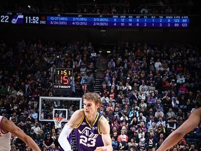 SALT LAKE CITY, UT - DECEMBER 13: Lauri Markkanen #23 of the Utah Jazz goes to the basket during the game  on December 13, 2023 at vivint.SmartHome Arena in Salt Lake City, Utah. NOTE TO USER: User expressly acknowledges and agrees that, by downloading and or using this Photograph, User is consenting to the terms and conditions of the Getty Images License Agreement. Mandatory Copyright Notice: Copyright 2023 NBAE (Photo by Melissa Majchrzak/NBAE via Getty Images)