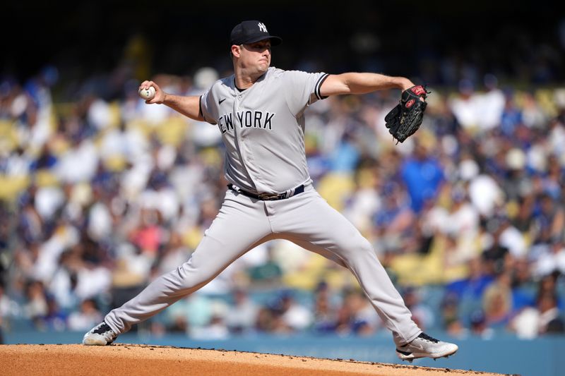 Jun 3, 2023; Los Angeles, California, USA; New York Yankees starting pitcher Gerrit Cole (45) throws in the first inning against the Los Angeles Dodgers at Dodger Stadium. Mandatory Credit: Kirby Lee-USA TODAY Sports