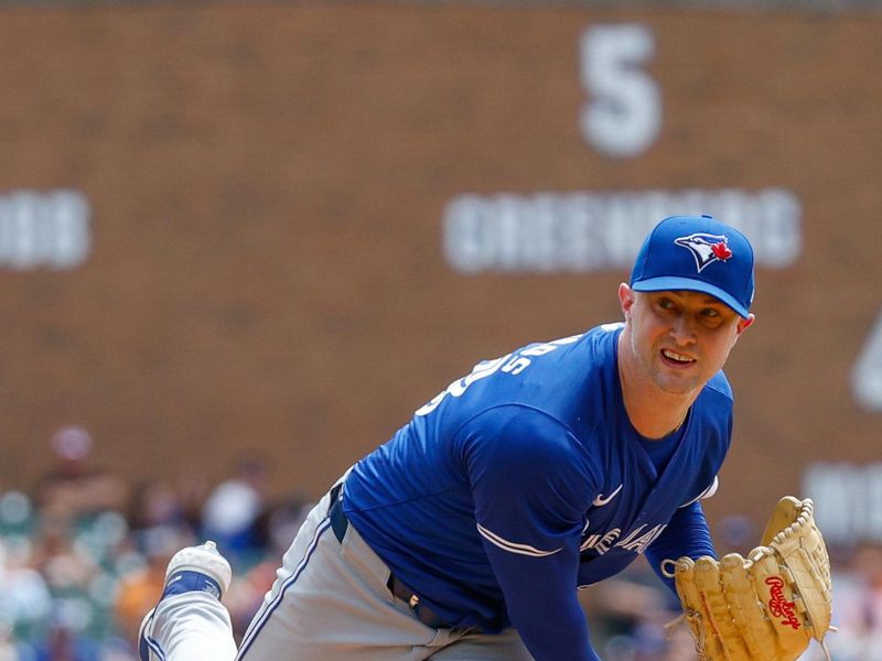 May 26, 2024; Detroit, Michigan, USA; Toronto Blue Jays pitcher Trevor Richards (33) pitches during the fourth inning  of the game against the Detroit Tigers at Comerica Park. Mandatory Credit: Brian Bradshaw Sevald-USA TODAY Sports