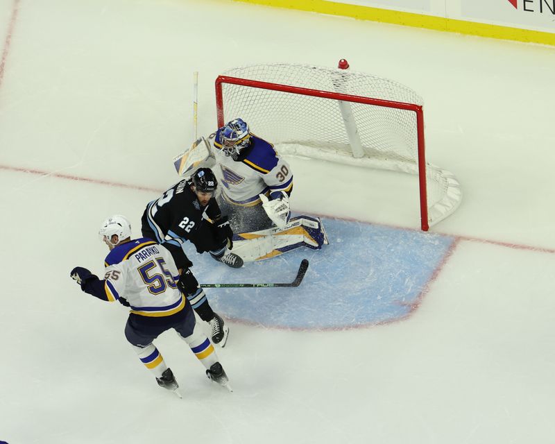 Sep 22, 2024; Des Moines, Iowa, USA;  Utah Hockey Club forward Jack McBain (22) battles St. Louis Blues defenseman Colton Parayko (55) in front of the net at Wells Fargo Arena. Mandatory Credit: Reese Strickland-Imagn Images

