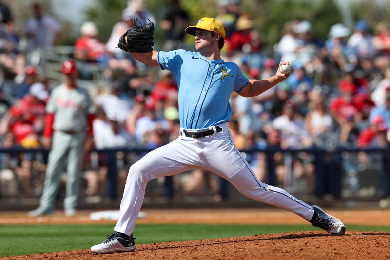 Mar 7, 2024; Port Charlotte, Florida, USA;  Tampa Bay Rays pitcher Mason Montgomery (84) throws a pitch against the Philadelphia Phillies in the sixth inning at Charlotte Sports Park. Mandatory Credit: Nathan Ray Seebeck-USA TODAY Sports