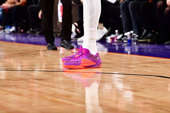 PHOENIX, AZ - DECEMBER 25: The sneakers worn by Kevin Durant #35 of the Phoenix Suns during the game against the Dallas Mavericks on December 25, 2023 at Footprint Center in Phoenix, Arizona. NOTE TO USER: User expressly acknowledges and agrees that, by downloading and or using this photograph, user is consenting to the terms and conditions of the Getty Images License Agreement. Mandatory Copyright Notice: Copyright 2023 NBAE (Photo by Barry Gossage/NBAE via Getty Images)