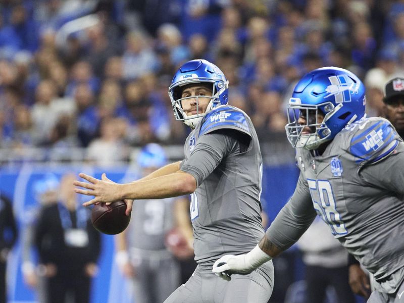 Detroit Lions quarterback Jared Goff (16) passes against the Minnesota Vikings during an NFL football game at Ford Field in Detroit, Sunday, Jan. 7, 2024. (AP Photo/Rick Osentoski)