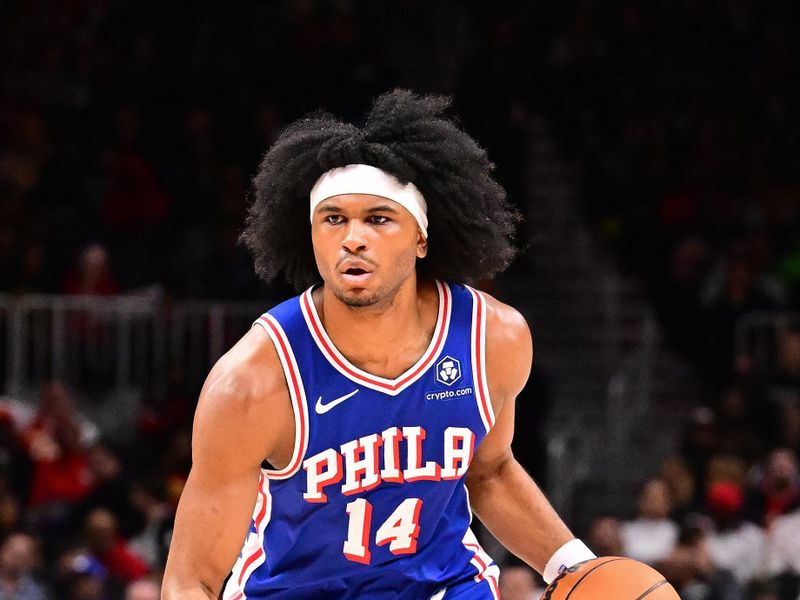 ATLANTA, GA - MARCH 10: Ricky Council IV #14 of the Philadelphia 76ers looks on during the game against the Atlanta Hawks on March 10, 2025 at State Farm Arena in Atlanta, Georgia.  NOTE TO USER: User expressly acknowledges and agrees that, by downloading and/or using this Photograph, user is consenting to the terms and conditions of the Getty Images License Agreement. Mandatory Copyright Notice: Copyright 2025 NBAE(Photo by Adam Hagy/NBAE via Getty Images)