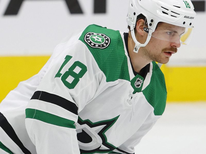 Nov 2, 2023; Edmonton, Alberta, CAN; Dallas Stars forward Sam Steel (18) skates during warmup against the Edmonton Oilers at Rogers Place. Mandatory Credit: Perry Nelson-USA TODAY Sports