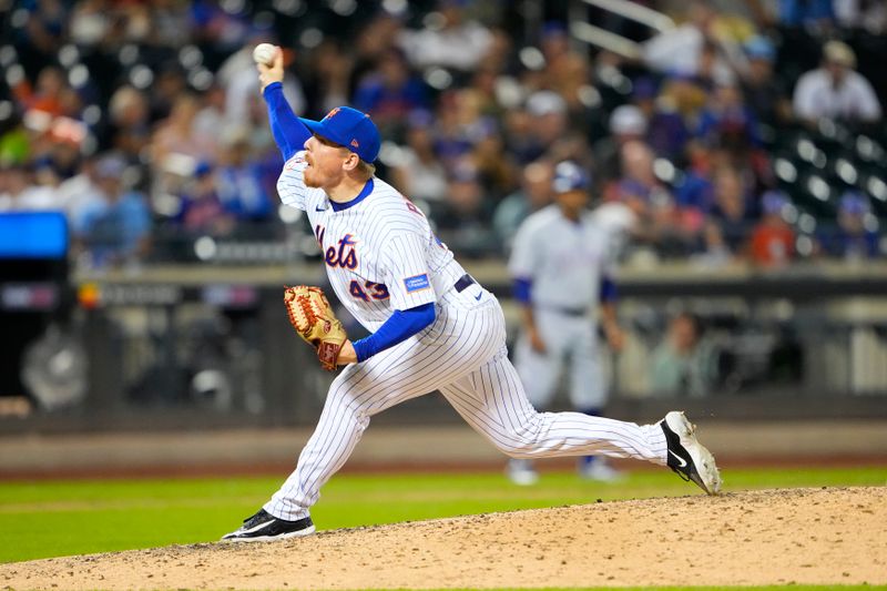 Aug 30, 2023; New York City, New York, USA;  New York Mets pitcher Jeff Brigham (43) delivers a pitch against the Texas Rangers during the ninth inning at Citi Field. Mandatory Credit: Gregory Fisher-USA TODAY Sports