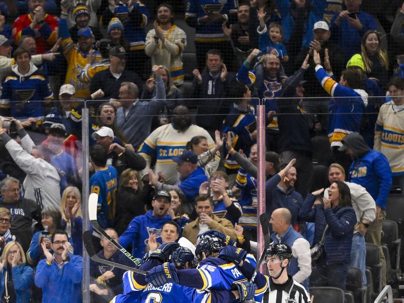 Nov 3, 2025; St. Louis, Missouri, USA; St. Louis Blues center Pius Suter (22) celebrates with teammates after scoring the game winning goal against the Edmonton Oilers at Enterprise Center. Mandatory Credit: Jeff Curry-Imagn Images