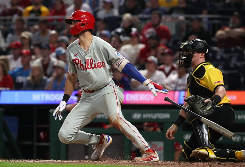 Jun 6, 2025; Pittsburgh, Pennsylvania, USA;  Philadelphia Phillies shortstop Trea Turner (7) hits a two run single against the Pittsburgh Pirates during the fourth inning at PNC Park. Mandatory Credit: Charles LeClaire-Imagn Images 