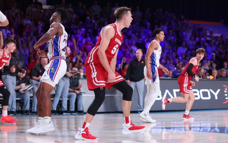 Nov 24, 2022; Paradise Island, BAHAMAS; Wisconsin Badgers forward Tyler Wahl (5) reacts after scoring during the second half against the Kansas Jayhawks at Imperial Arena. Mandatory Credit: Kevin Jairaj-USA TODAY Sports