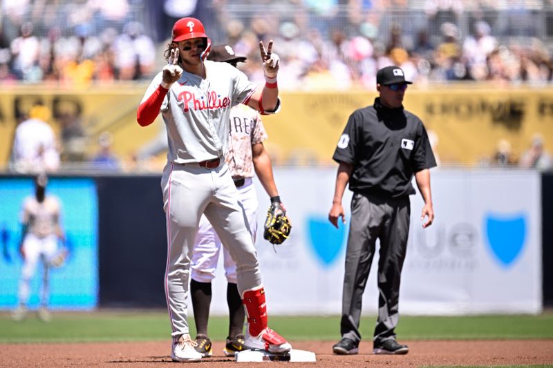 Apr 28, 2024; San Diego, California, USA; Philadelphia Phillies third baseman Alec Bohm (28) gestures after hitting a double during the first inning against the San Diego Padres at Petco Park. Mandatory Credit: Orlando Ramirez-USA TODAY Sports