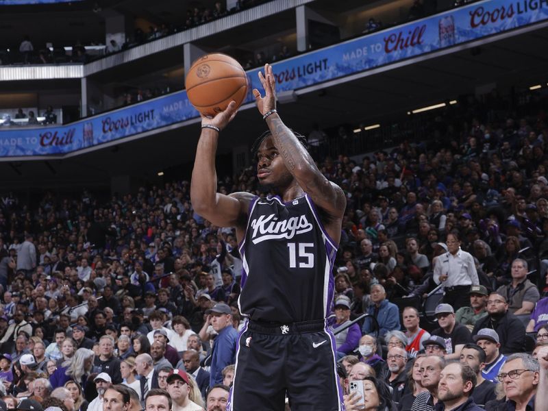 SACRAMENTO, CA - MARCH 25:  Davion Mitchell #15 of the Sacramento Kings shoots a 3-point basket during the game  on March 25, 2024 at Golden 1 Center in Sacramento, California. NOTE TO USER: User expressly acknowledges and agrees that, by downloading and or using this Photograph, user is consenting to the terms and conditions of the Getty Images License Agreement. Mandatory Copyright Notice: Copyright 2024 NBAE (Photo by Rocky Widner/NBAE via Getty Images)