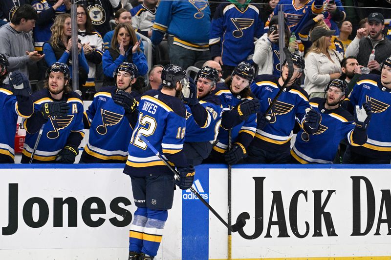 Mar 17, 2024; St. Louis, Missouri, USA; St. Louis Blues right wing Kevin Hayes (12) is congratulated by teammates after scoring a goal against the Anaheim Ducks during the second period at Enterprise Center. Mandatory Credit: Jeff Le-USA TODAY Sports