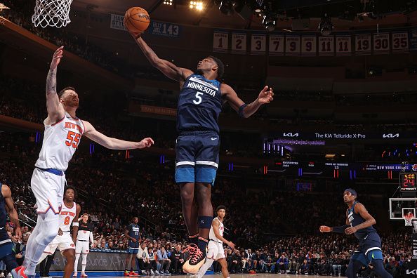 NEW YORK, NY - JANUARY 1: Anthony Edwards #5 of the Minnesota Timberwolves rebounds during the game against the New York Knicks on January 1, 2024 at Madison Square Garden in New York City, New York.  NOTE TO USER: User expressly acknowledges and agrees that, by downloading and or using this photograph, User is consenting to the terms and conditions of the Getty Images License Agreement. Mandatory Copyright Notice: Copyright 2024 NBAE  (Photo by Nathaniel S. Butler/NBAE via Getty Images)