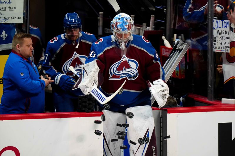 Mar 26, 2024; Denver, Colorado, USA; Colorado Avalanche goaltender Alexandar Georgiev (40) before the game against the Montreal Canadiens at Ball Arena. Mandatory Credit: Ron Chenoy-USA TODAY Sports