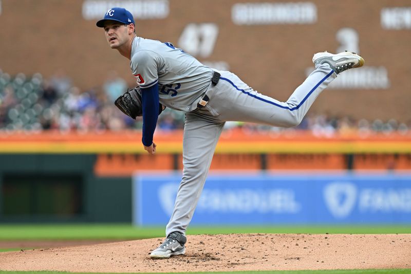 Aug 2, 2024; Detroit, Michigan, USA;  Kansas City Royals starting pitcher Cole Ragans (55) throws a pitch against the Detroit Tigers in the first inning at Comerica Park. Mandatory Credit: Lon Horwedel-USA TODAY Sports