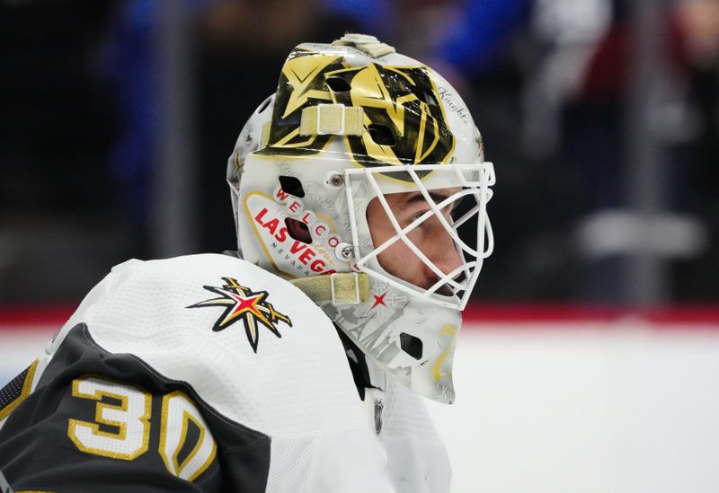 Jan 10, 2024; Denver, Colorado, USA; Vegas Golden Knights goaltender Jiri Patera (30) before the game against the Colorado Avalanche at Ball Arena. Mandatory Credit: Ron Chenoy-USA TODAY Sports