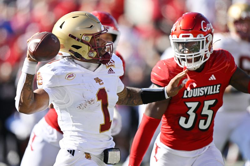 Sep 23, 2023; Louisville, Kentucky, USA;  Boston College Eagles quarterback Thomas Castellanos (1) looks to pass against Louisville Cardinals linebacker Antonio Watts (35) during the first half at L&N Federal Credit Union Stadium. Mandatory Credit: Jamie Rhodes-USA TODAY Sports