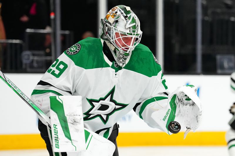 Jan 28, 2025; Las Vegas, Nevada, USA; Dallas Stars goaltender Jake Oettinger (29) warms up before a game against the Vegas Golden Knights at T-Mobile Arena. Mandatory Credit: Stephen R. Sylvanie-Imagn Images