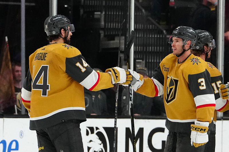 Apr 2, 2024; Las Vegas, Nevada, USA; Vegas Golden Knights defenseman Nicolas Hague (14) celebrates with Vegas Golden Knights defenseman Brayden McNabb (3) after the Golden Knights defeated the Vancouver Canucks 6-3 at T-Mobile Arena. Mandatory Credit: Stephen R. Sylvanie-USA TODAY Sports