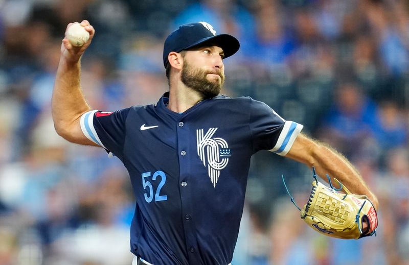 Sep 20, 2024; Kansas City, Missouri, USA; Kansas City Royals starting pitcher Michael Wacha (52) pitches during the first inning against the San Francisco Giants at Kauffman Stadium. Mandatory Credit: Jay Biggerstaff-Imagn Images