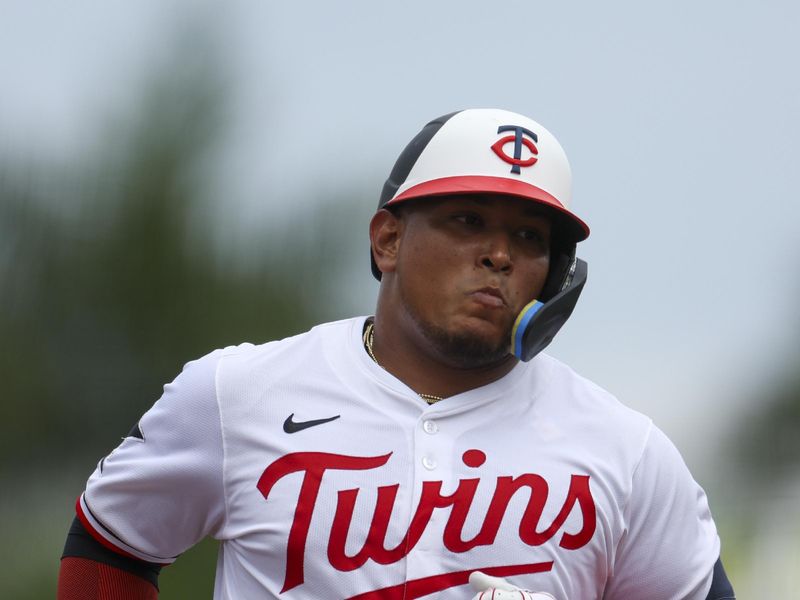 Mar 6, 2024; Fort Myers, Florida, USA;  Minnesota Twins catcher Jair Camargo (85) runs the bases after hitting a two-run home run against the Boston Red Sox in the fourth inning at Hammond Stadium. Mandatory Credit: Nathan Ray Seebeck-USA TODAY Sports