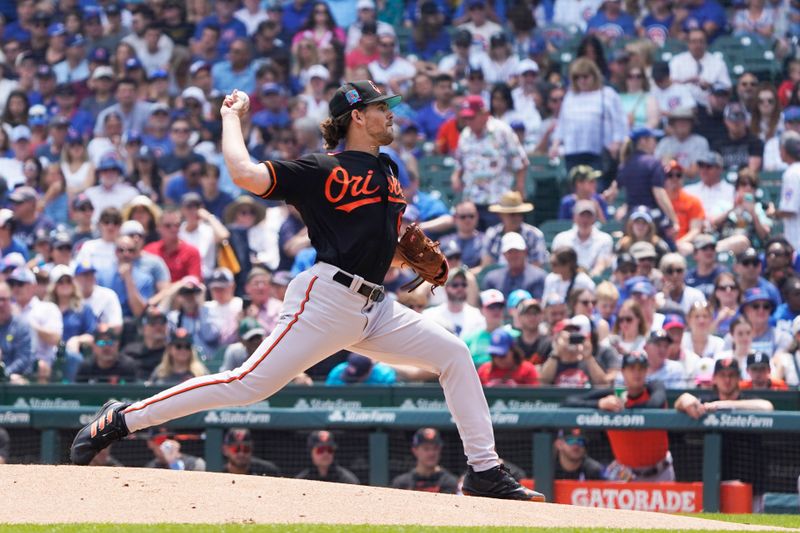 Jun 18, 2023; Chicago, Illinois, USA; Baltimore Orioles starting pitcher Dean Kremer (64) throws the ball against the Chicago Cubs during the first inning at Wrigley Field. Mandatory Credit: David Banks-USA TODAY Sports