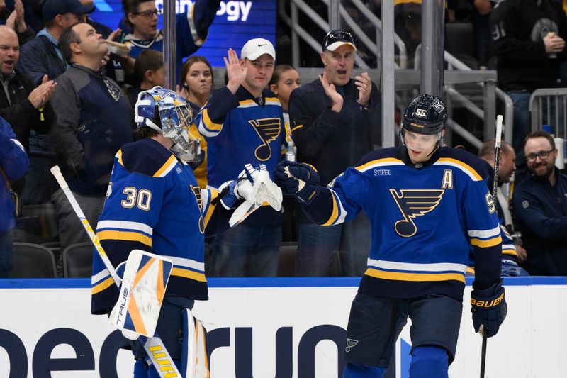 Nov 7, 2024; St. Louis, Missouri, USA; St. Louis Blues goaltender Joel Hofer (30) congratulates St. Louis Blues defenseman Colton Parayko (55) after scoring a goal against the Utah Hockey Club during the first period at Enterprise Center. Mandatory Credit: Jeff Le-Imagn Images