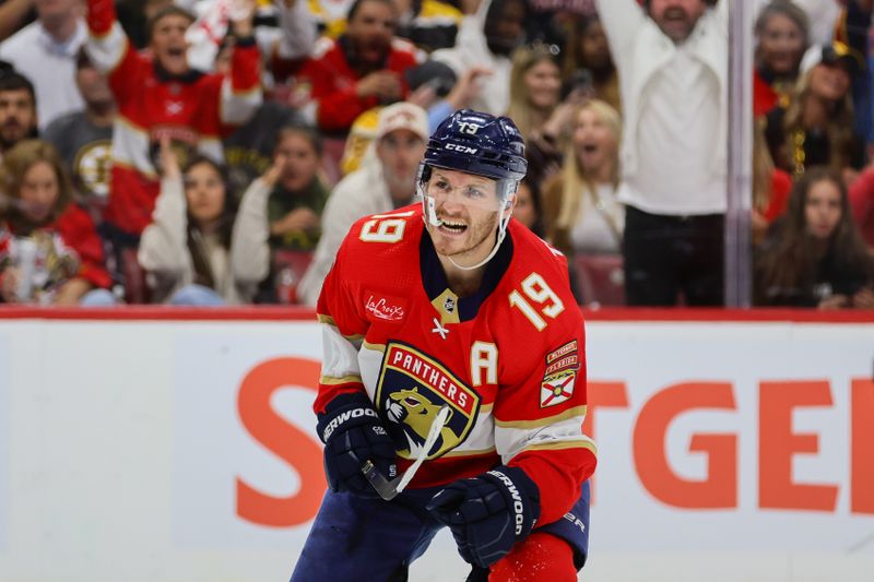 May 6, 2024; Sunrise, Florida, USA; Florida Panthers left wing Matthew Tkachuk (19) reacts after scoring against the Boston Bruins during the second period in game one of the second round of the 2024 Stanley Cup Playoffs at Amerant Bank Arena. Mandatory Credit: Sam Navarro-USA TODAY Sports