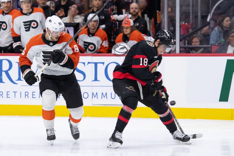 Nov 14, 2024; Ottawa, Ontario, CAN; Philadelphia Flyers POS PLAYER (##) ACTION against Ottawa Senators POS PLAYER (##) in the second period at the Canadian Tire Centre. Mandatory Credit: Marc DesRosiers-Imagn Images