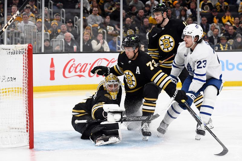 Apr 30, 2024; Boston, Massachusetts, USA; Toronto Maple Leafs left wing Matthew Knies (23) scores the game winning goal past Boston Bruins goaltender Jeremy Swayman (1) during overtime in game five of the first round of the 2024 Stanley Cup Playoffs at TD Garden. Mandatory Credit: Bob DeChiara-USA TODAY Sports