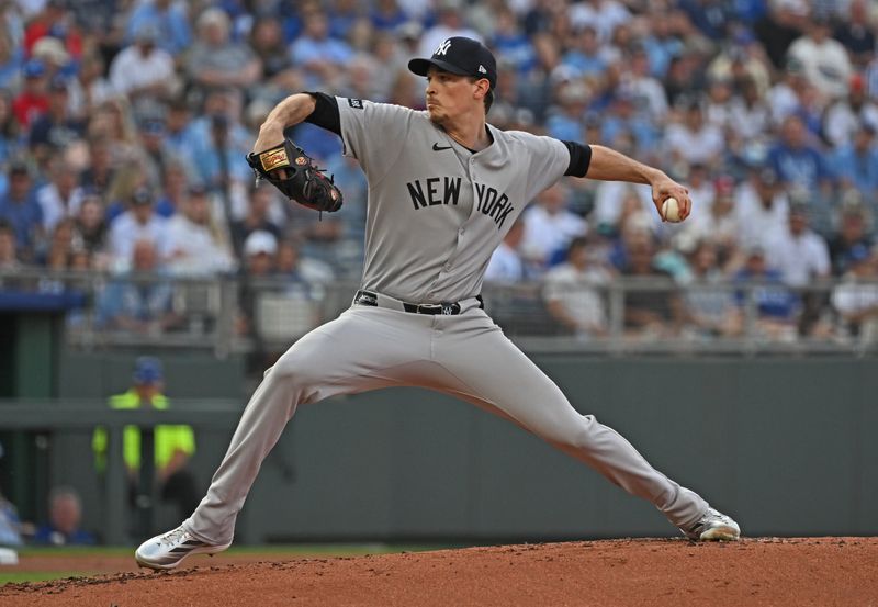 Jun 10, 2025; Kansas City, Missouri, USA;  New York Yankees starting pitcher Max Fried (54) throws a pitch in the first inning against the Kansas City Royals at Kauffman Stadium. Mandatory Credit: Peter Aiken-Imagn Images