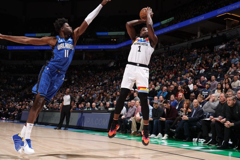 MINNEAPOLIS, MN -  FEBRUARY 3: Anthony Edwards #1 of the Minnesota Timberwolves shoots the ball during the game against the Orlando Magic on February 3, 2023 at Target Center in Minneapolis, Minnesota. NOTE TO USER: User expressly acknowledges and agrees that, by downloading and or using this Photograph, user is consenting to the terms and conditions of the Getty Images License Agreement. Mandatory Copyright Notice: Copyright 2023 NBAE (Photo by David Sherman/NBAE via Getty Images)