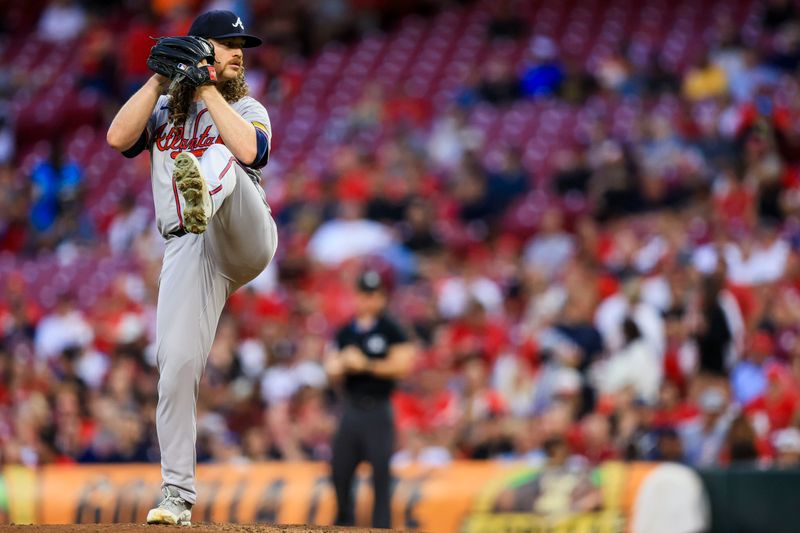 Sep 17, 2024; Cincinnati, Ohio, USA; Atlanta Braves starting pitcher Grant Holmes (66) pitches against the Cincinnati Reds in the first inning at Great American Ball Park. Mandatory Credit: Katie Stratman-Imagn Images
